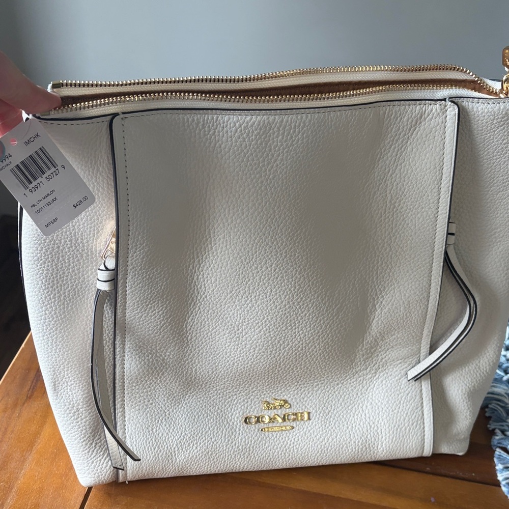 Coach Cream Marlon Pebbled Leather Tote with Gold Hardware